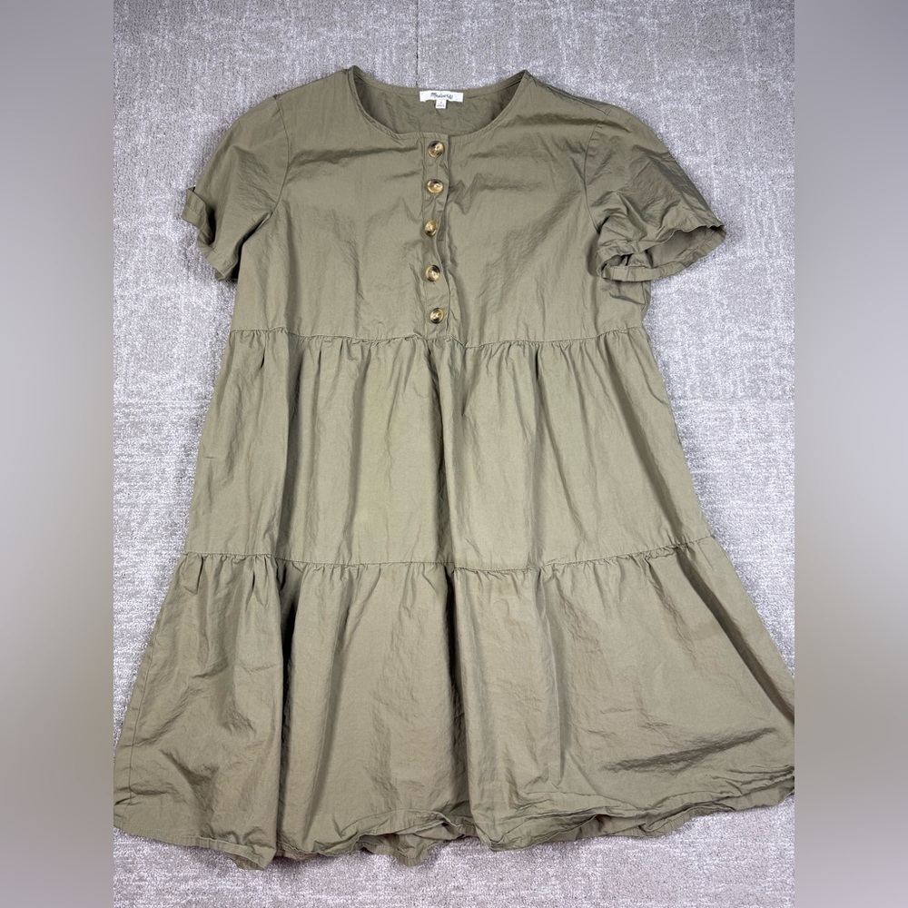Madewell Green Button Front Tiered Mini Dress Short Sleeve Size M